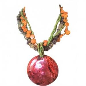 Beachy Mother of Pearl Shell Multi Strand Beaded Pendant Necklace